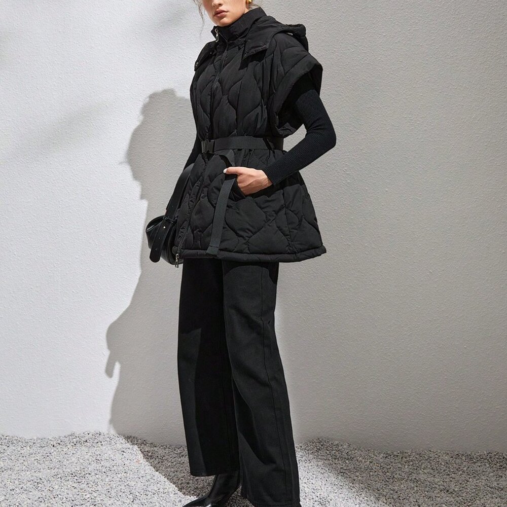 Black Casual Women's Zip Up Belted Vest Puffer Coat - Picture 6 of 7
